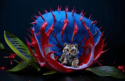 Baby of venusfly trap and tiger breed in red and blue. Ultra realistic_Kandinsky 3.1.jpg